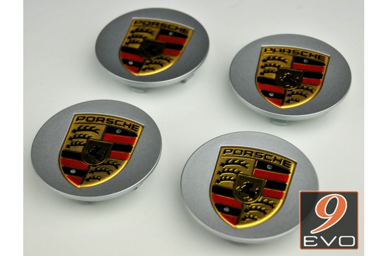 4 Centres de Roue Argent Incurvés avec Couleur Ecusson Porsche (pièces d'origine Porsche)﻿