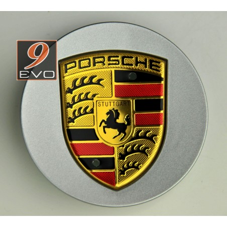 4 Centres de Roue Argent Incurvés avec Couleur Ecusson Porsche (pièces d'origine Porsche)﻿