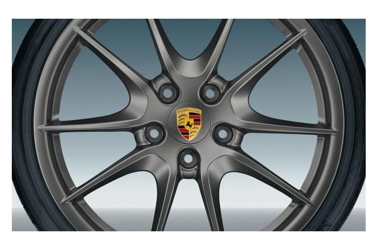 4 Centres De Roue Platine Satiné avec Couleur Ecusson Porsche (pièces d'origine Porsche)
