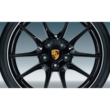 4 Centres de Roue Noir Incurvés avec Couleur Ecusson Porsche (pièces d'origine Porsche)