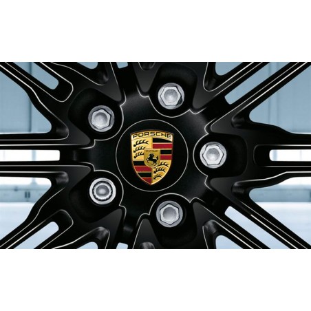 4 Centres de Roue Noir Incurvés avec Couleur Ecusson Porsche Cayenne (pièces d'origine Porsche)﻿ 